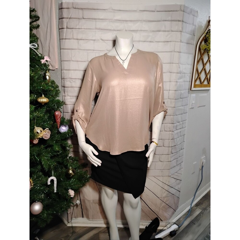 Maurices Shimmery Beige V-Neck Roll-Tab Sleeve Blouse